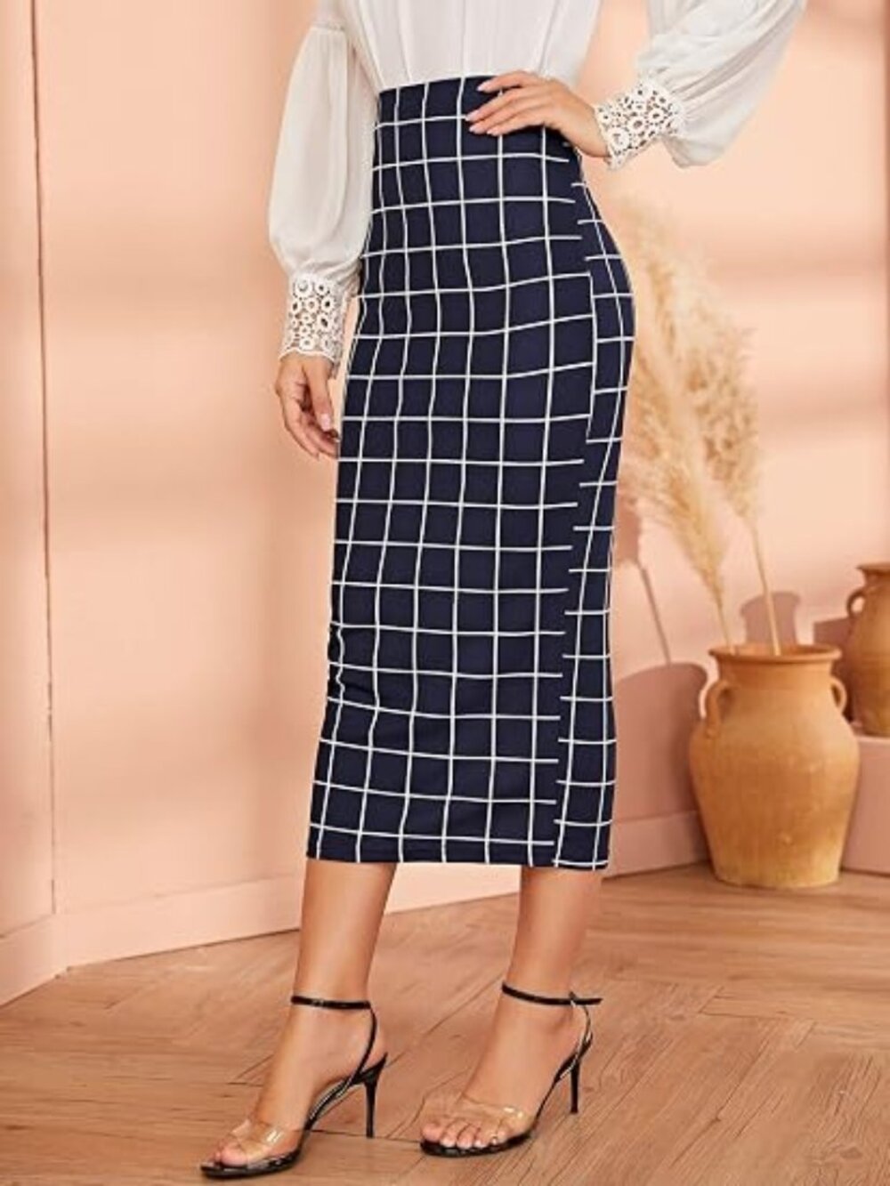 Elegant Plaid Elastic Waist Bodycon Midi Skirt